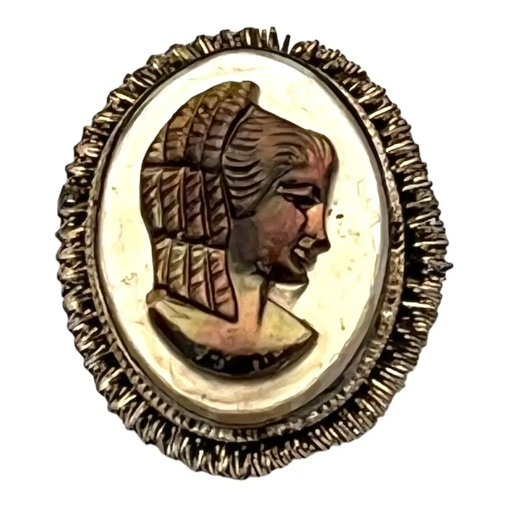 Vintage 1960s Cameo Brooch Pendant Abalone Shell Sterling Silver 925 - 8U